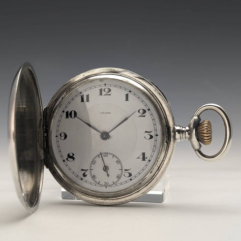 アンティーク スイスGLOBE 懐中時計 浮彫彫刻 銀側ハンターケース 動作良好